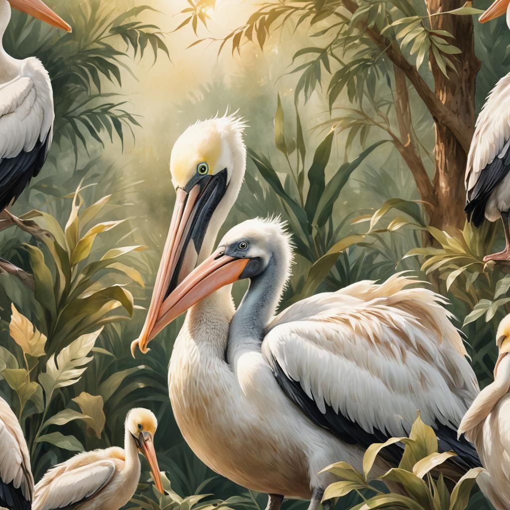 Pelican and Baby in Watercolor Style