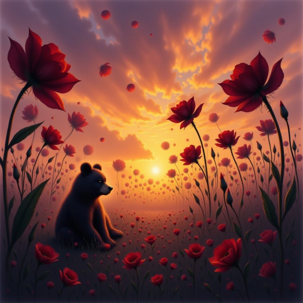 Brown Bear Cub in Gothic Flowers Under Hazy Sunset