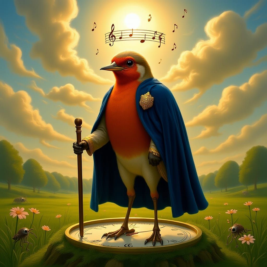 Regal Robin on Sundial in Dreamlike Meadow