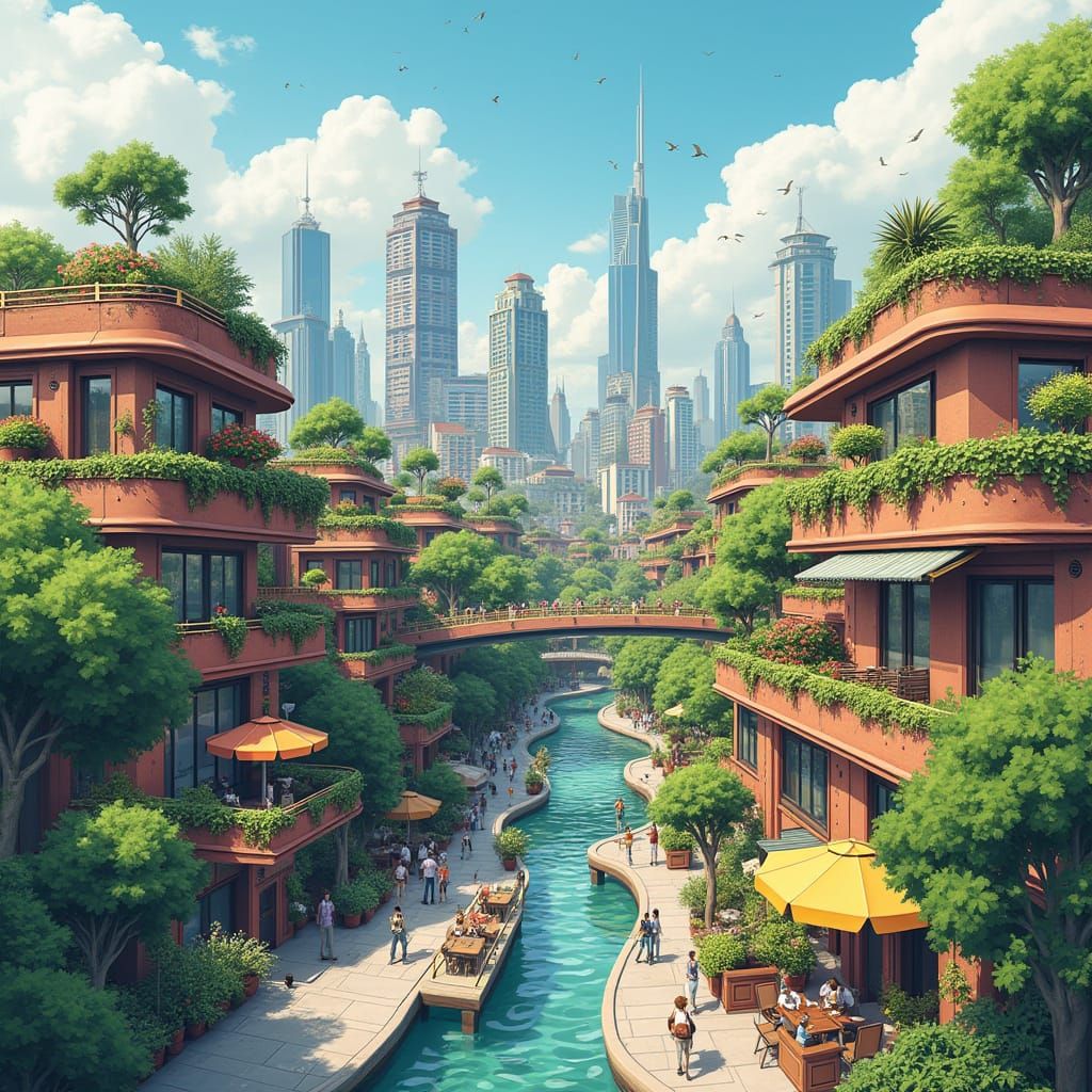 Futuristic Cityscape with Rooftop Gardens