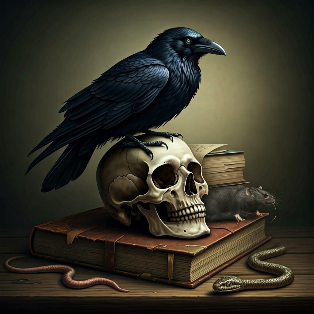 Gothic Crow Perched on Skull in Dreamlike Style