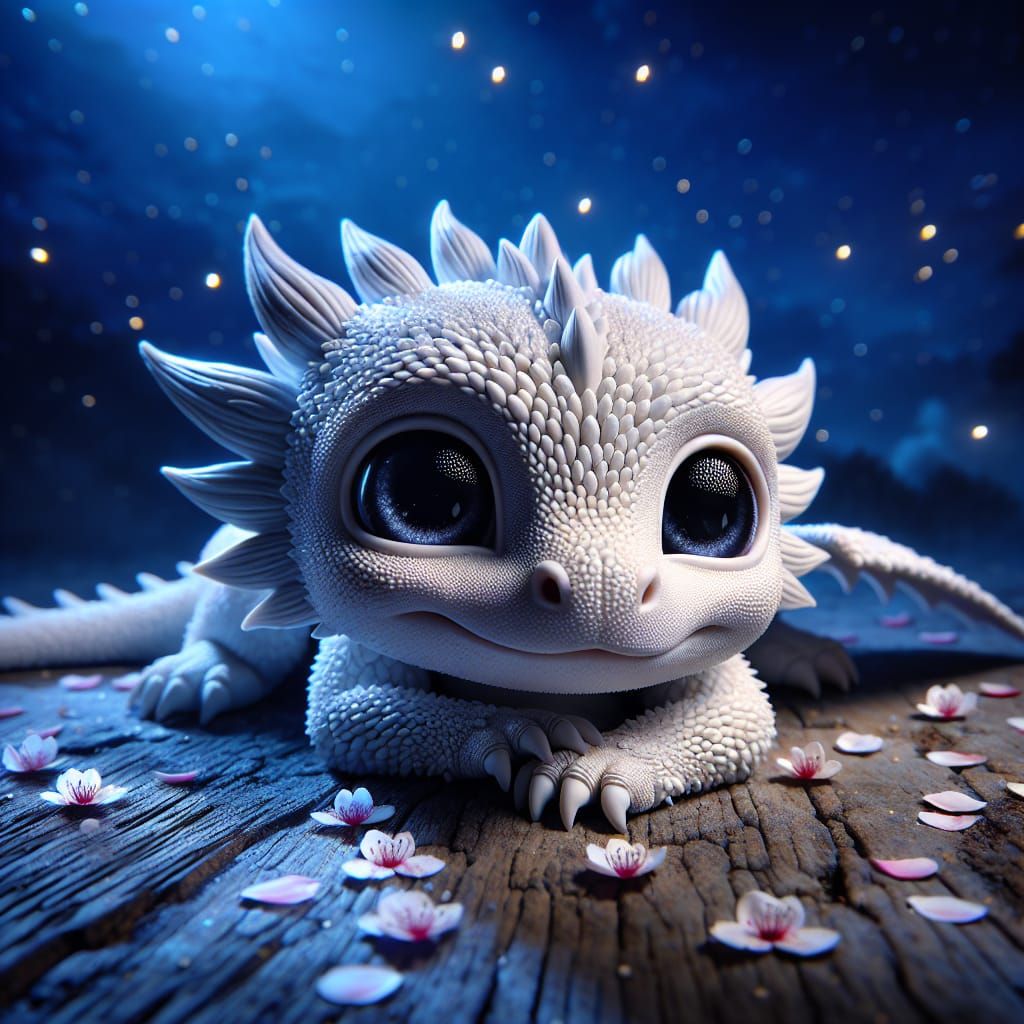 Baby White Dragon Resting in Mystical Setting