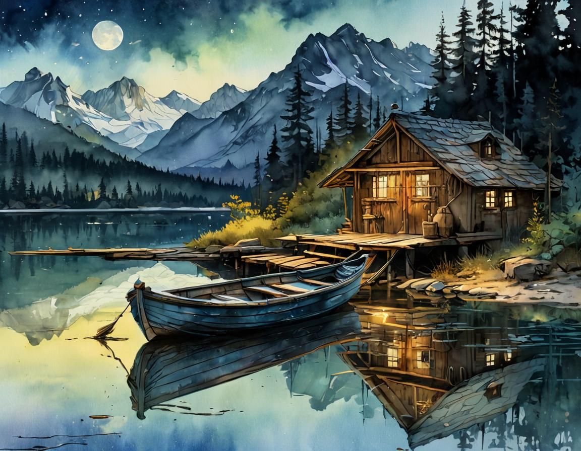Rustic Lakeside Cabin in Stylized Watercolor Illustration
