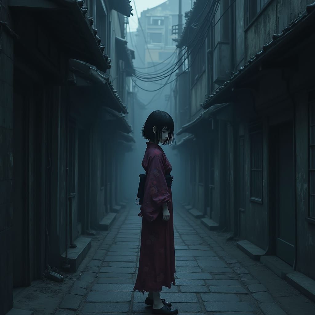 Mysterious, Dreamlike Anime Woman in Abandoned Alleyway