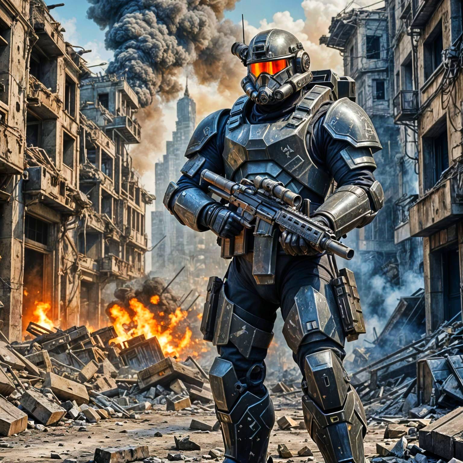 Futuristic Armored Infantryman in Ruined City
