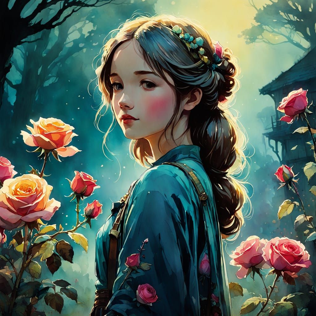 Chiaroscuro Roses in Watercolor and Ink Style