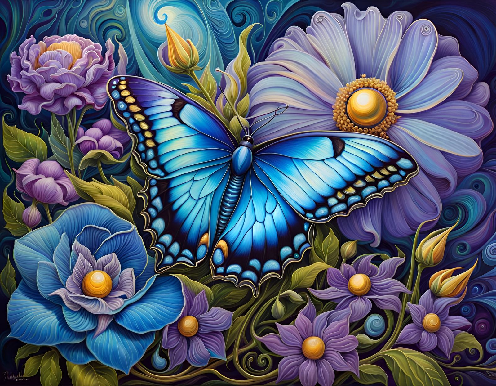 Blue Butterfly, Purple Flowers