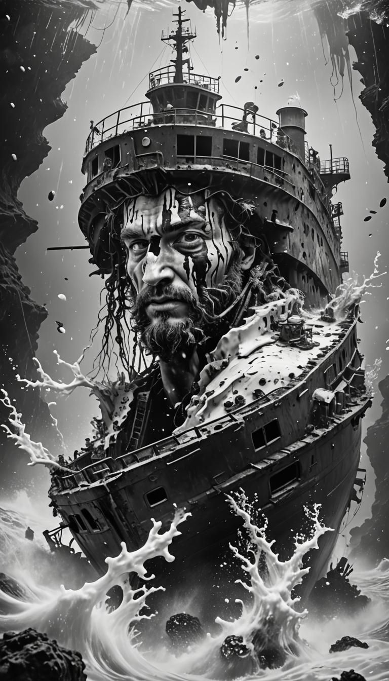Monochrome Shipwreck in Milk, Ultra-Realistic B&W Portrait