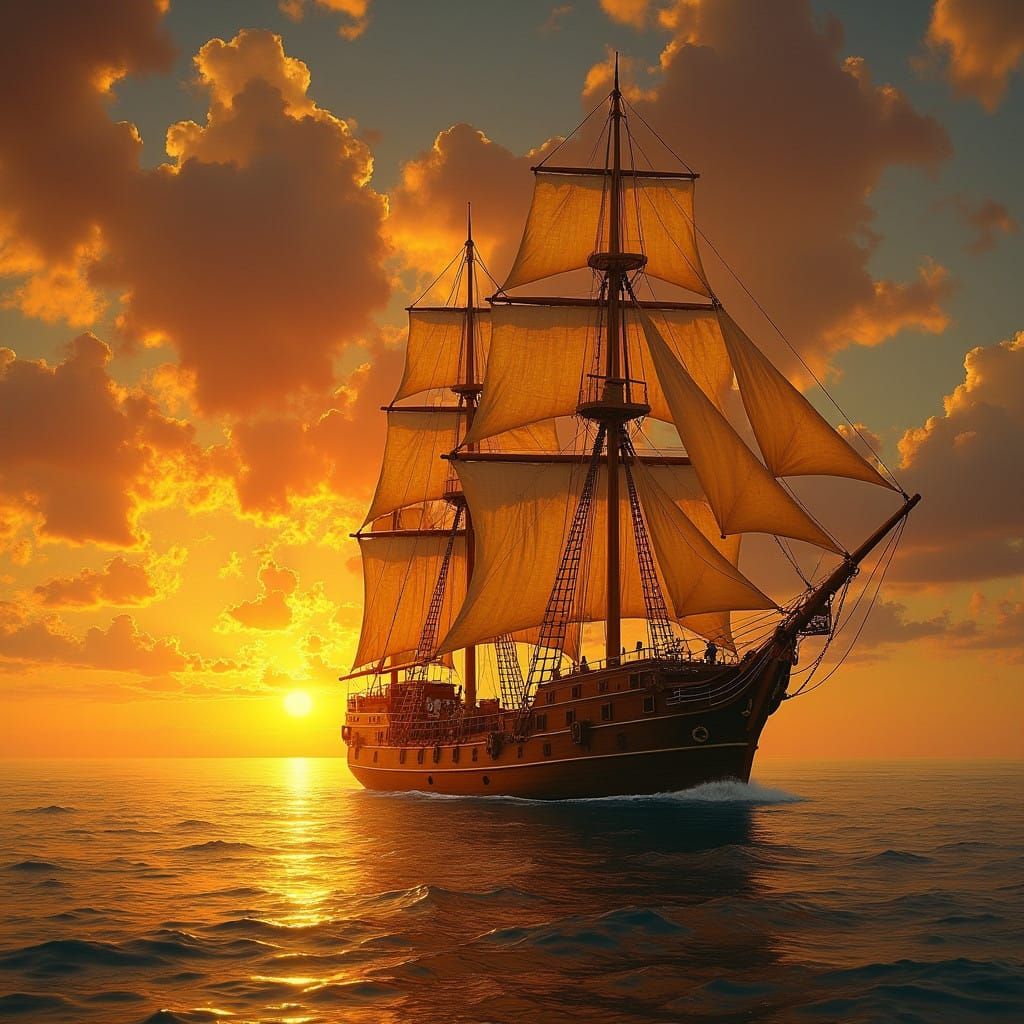 Sailing Ship Glides Across Golden Ocean Sunset