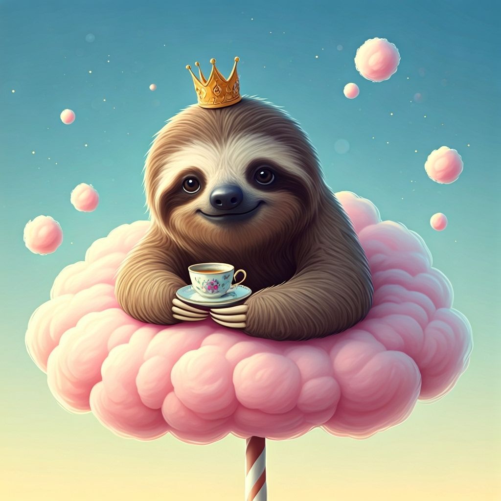 Whimsical Sloth King on Cotton Candy Cloud in Storybook Styl...