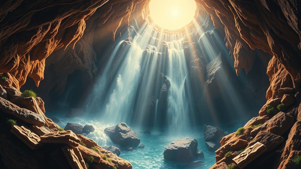 Gingerbread Waterfall Cavern Birds Eye View in Vivid Oil Pai...