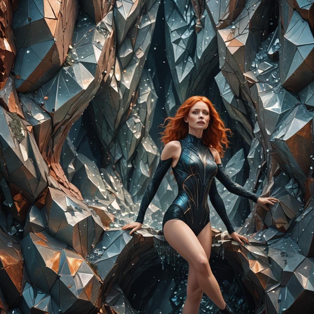 Redhead in Leotard Before Crystalline Wall