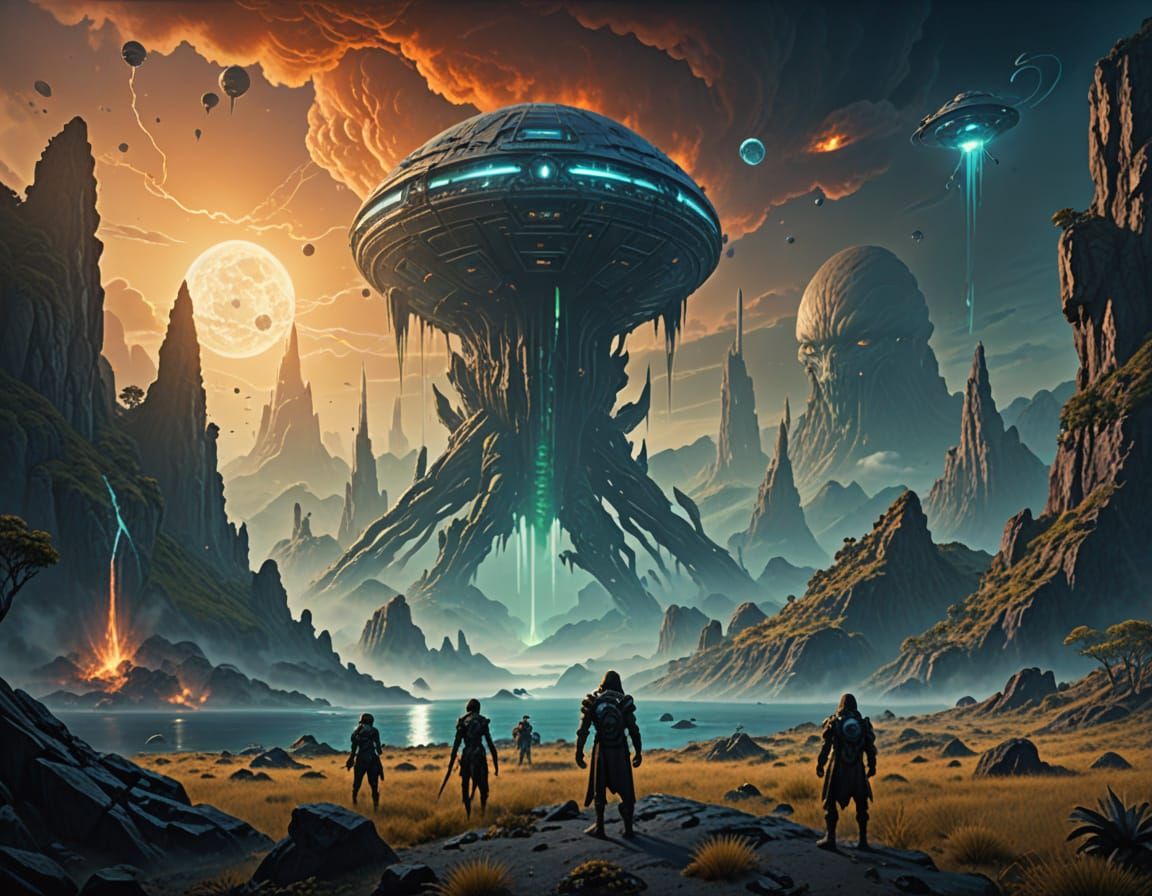 Humans Welcome Aliens: Ethereal High Fantasy Scene