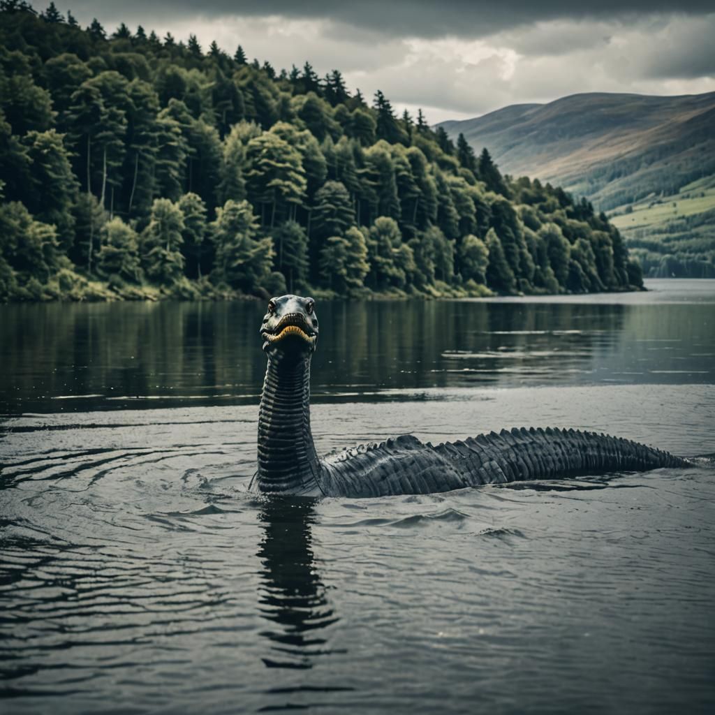 Loch Ness Monster Emerges from Lake, Cinematic Still