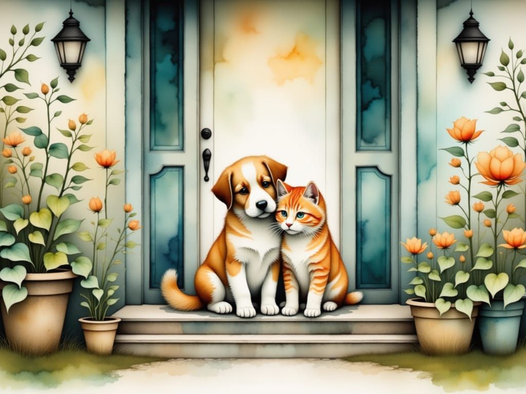 Puppy and Cat on Porch in Watercolor Style