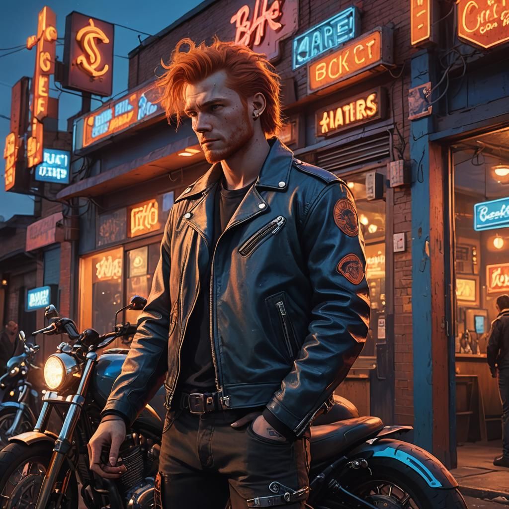 Red-Haired Biker at Dusk: Digital Matte Painting