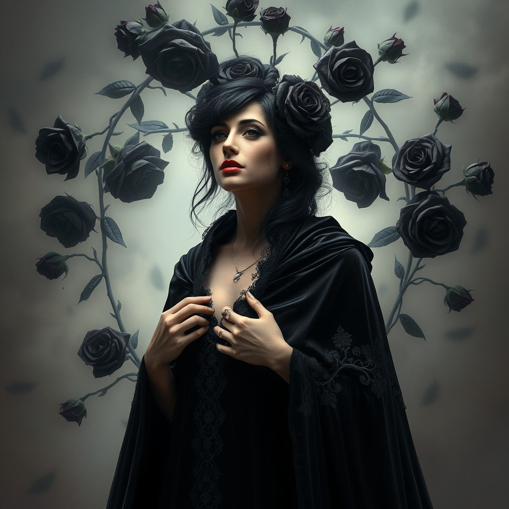Black Roses and Velvet Cloak in Fantasy Style