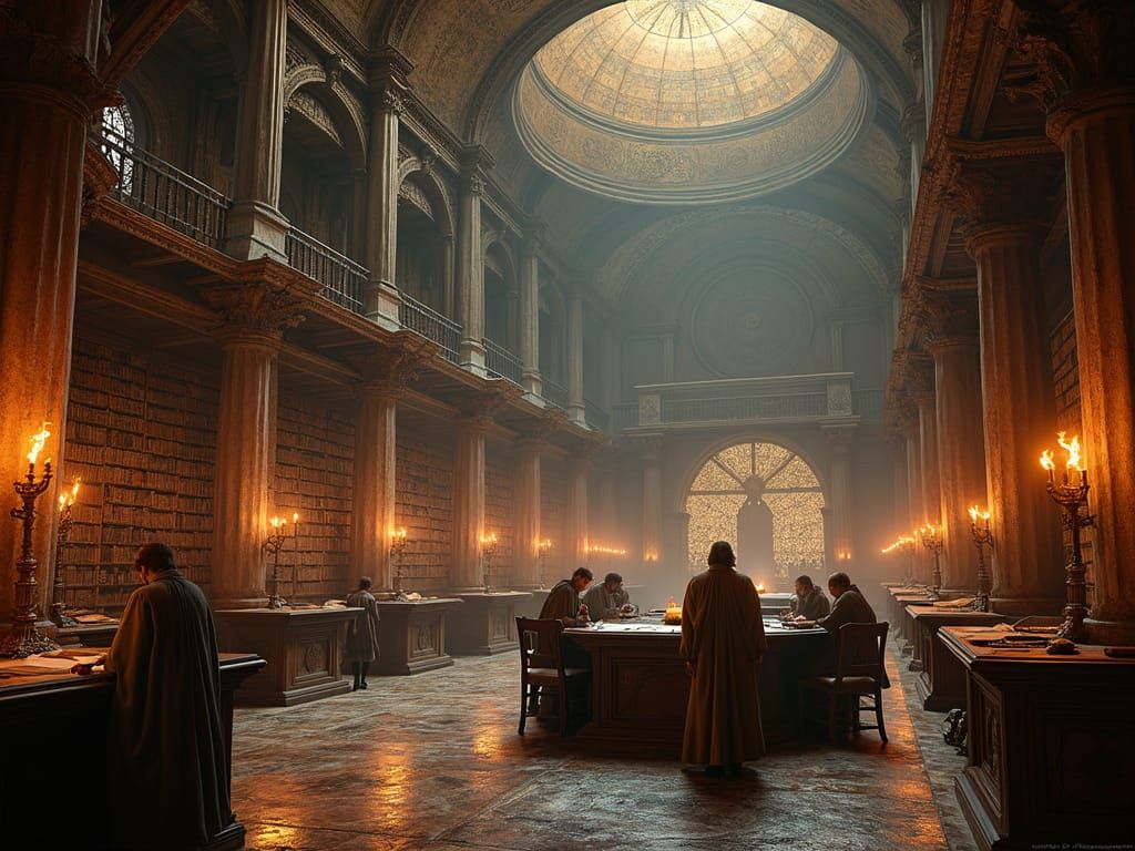 Grand Ancient Library with Scholars: Digital Matte Painting