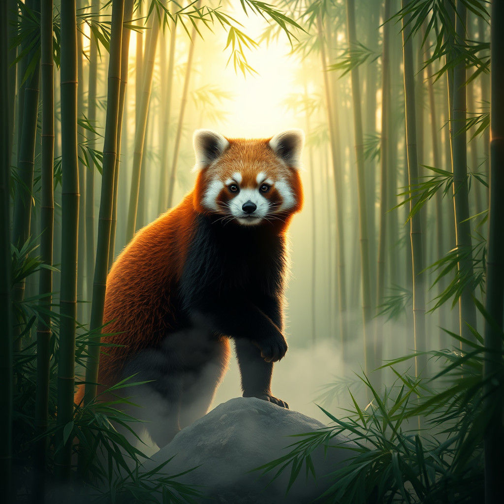 Red Panda in Misty Bamboo Forest: Fantasy Art