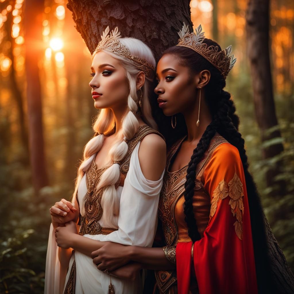 Two Elves Embrace in Enchanted Woodland Sunset