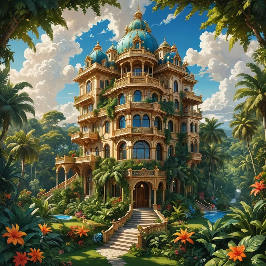 Majestic Mansion on Lush Hillside: Digital Art