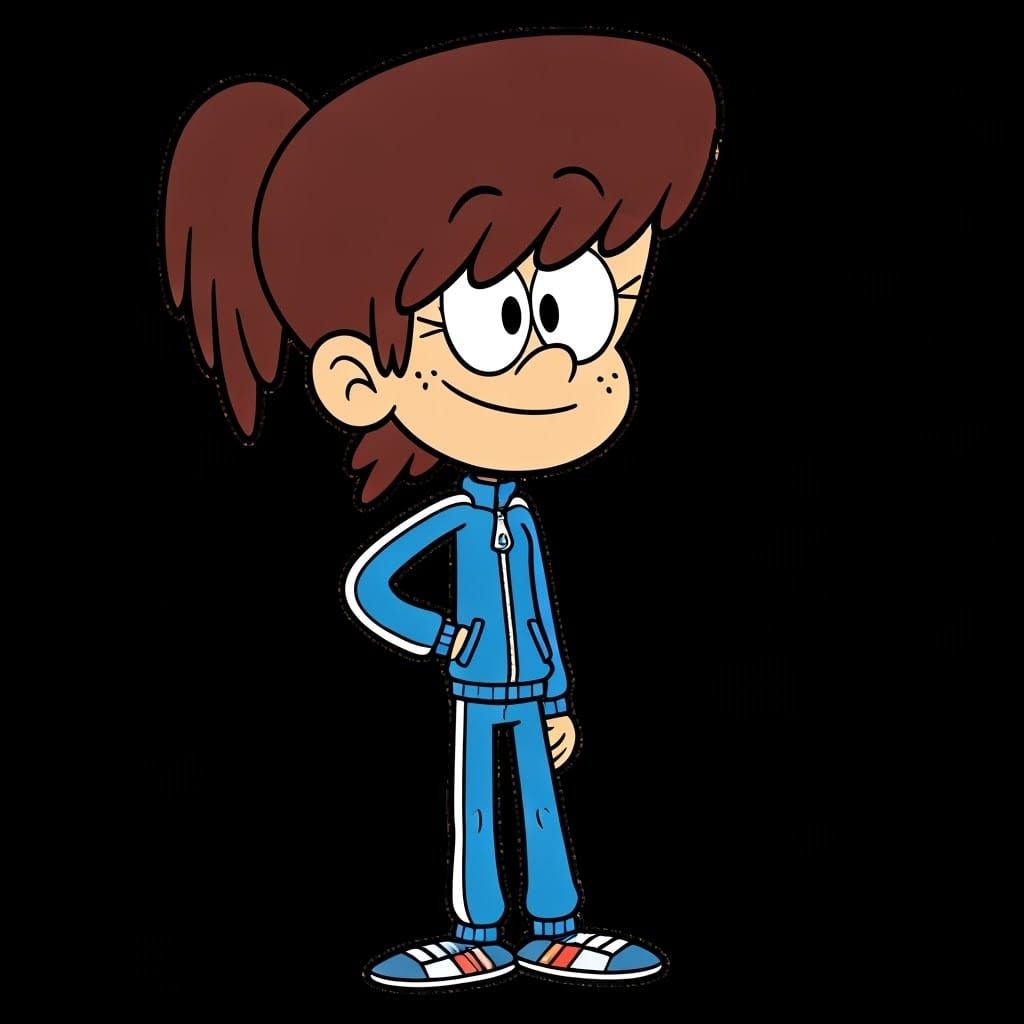 The Loud House Cartoon Style: Lynn Loud wearing a bright blue velour tracksuit with white stripes on the sleeves and leg...