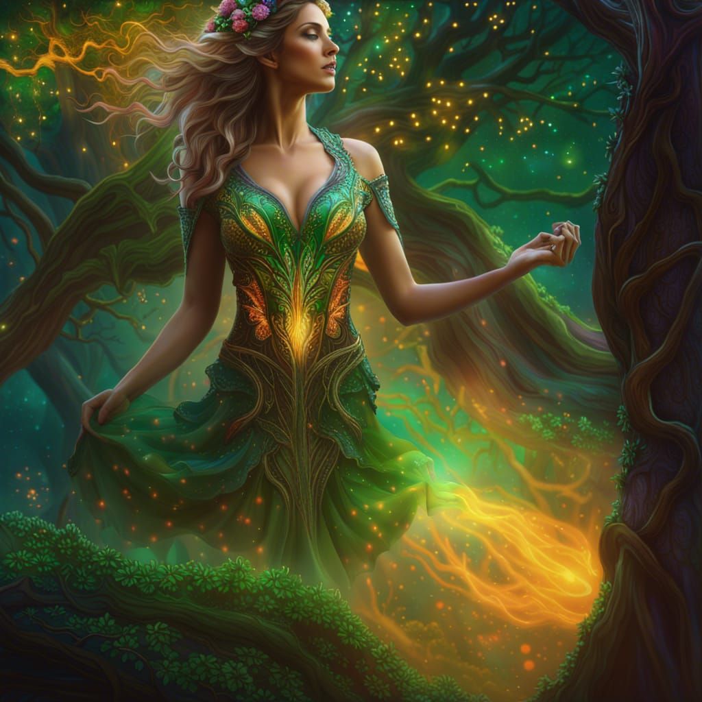 Ethereal Dryad Tree with Magic Sparks: Fantasy Art