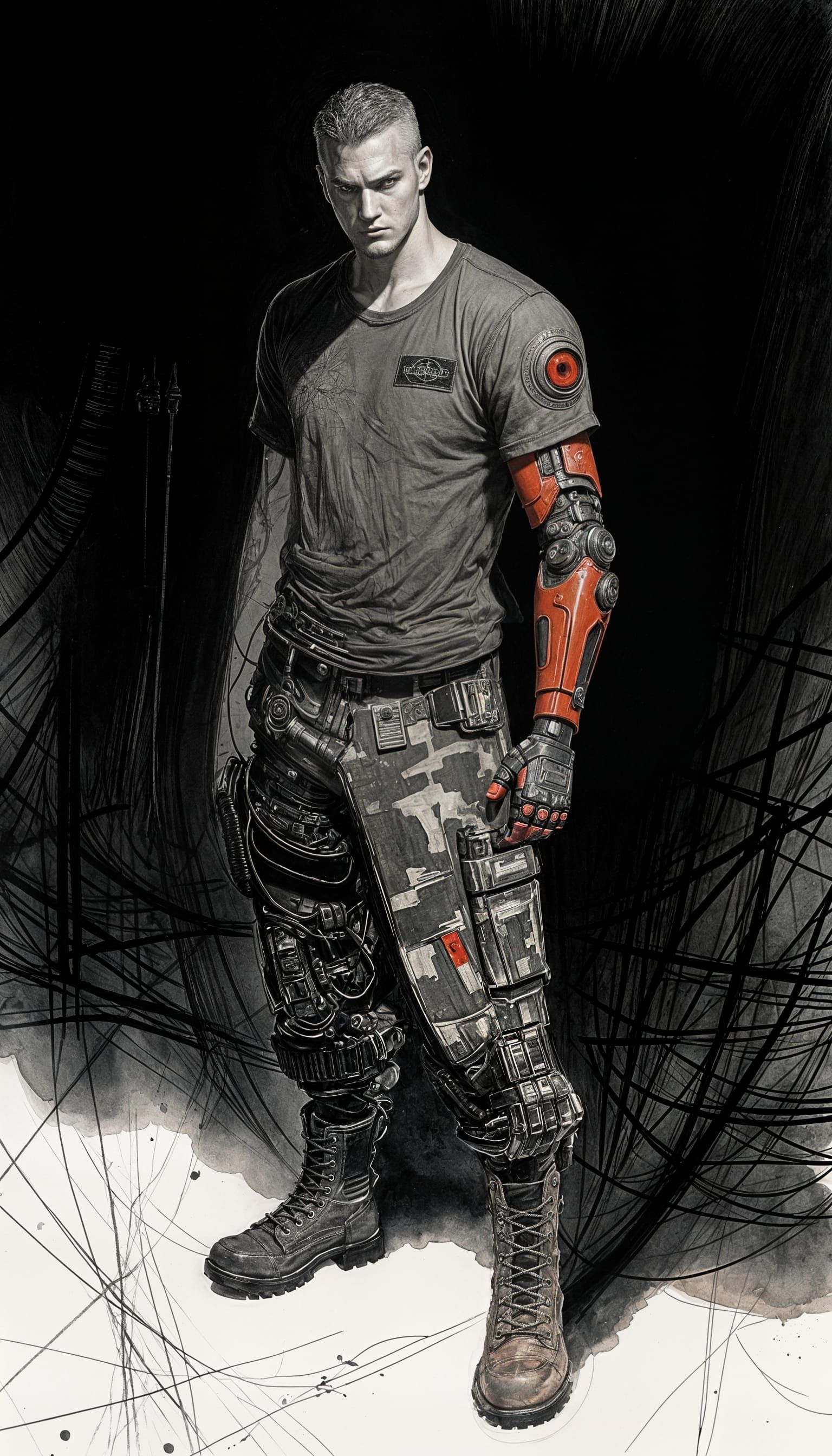 Grim Cyberpunk Ganger with Bionic Arm in Chiaroscuro