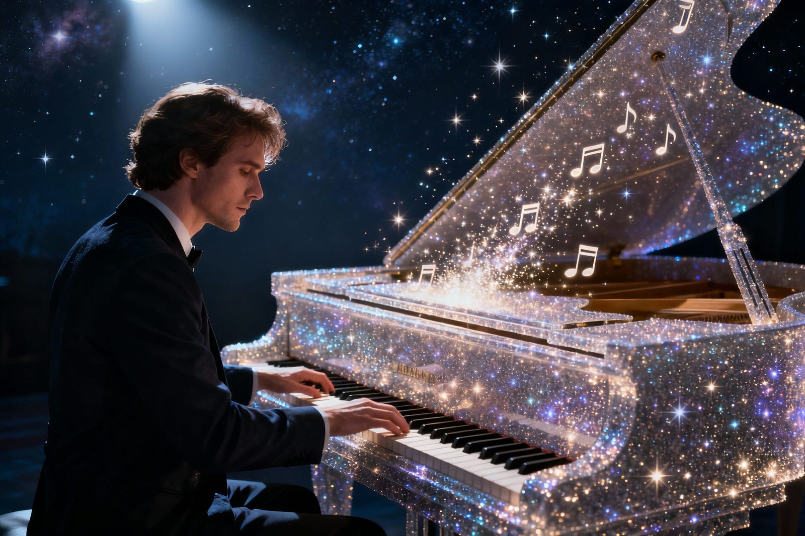 Man Plays Magic Dust Piano in Cosmic Night