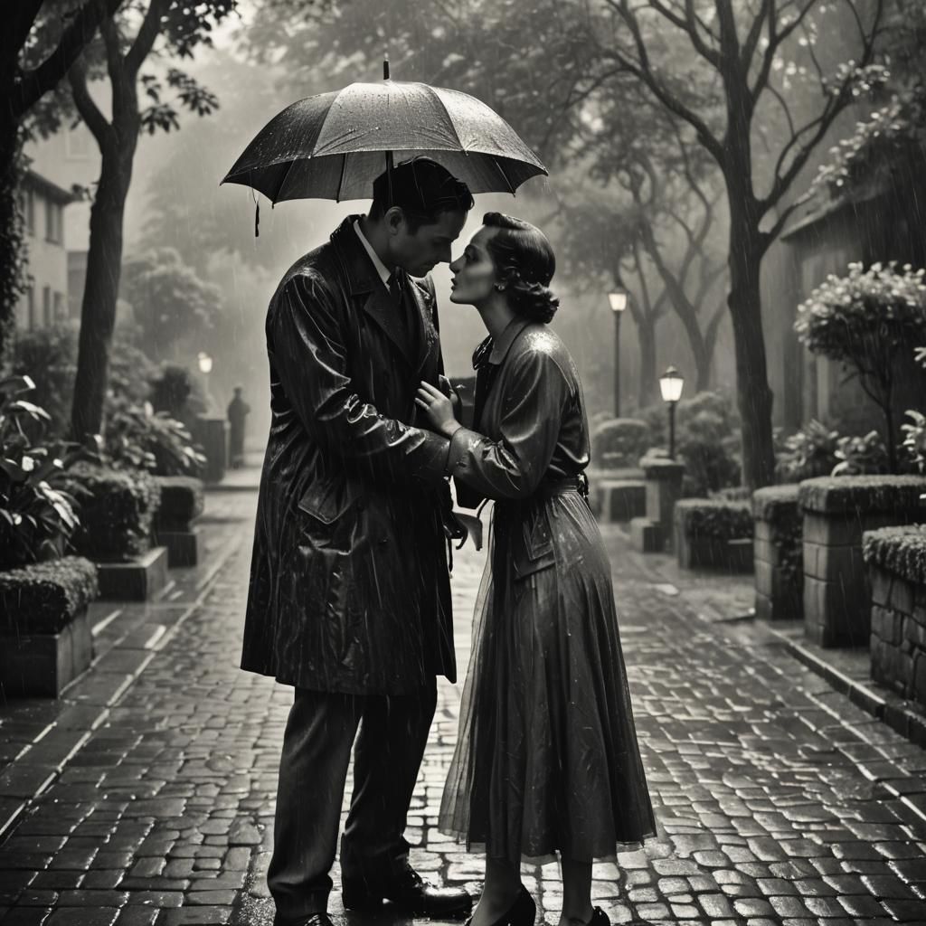 Romantic Couple Kissing in Noir Film Style