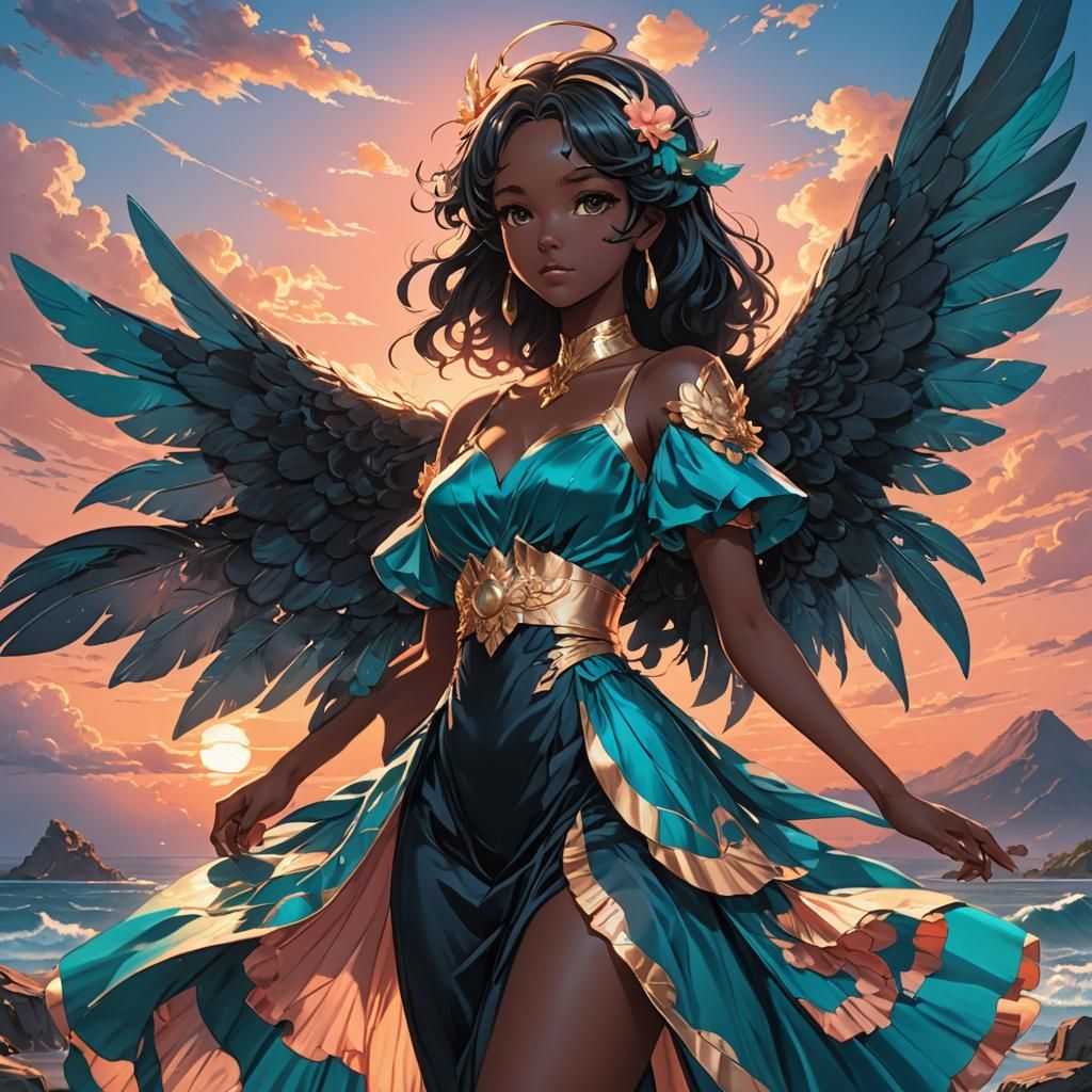 Beautiful angel in a teal dress