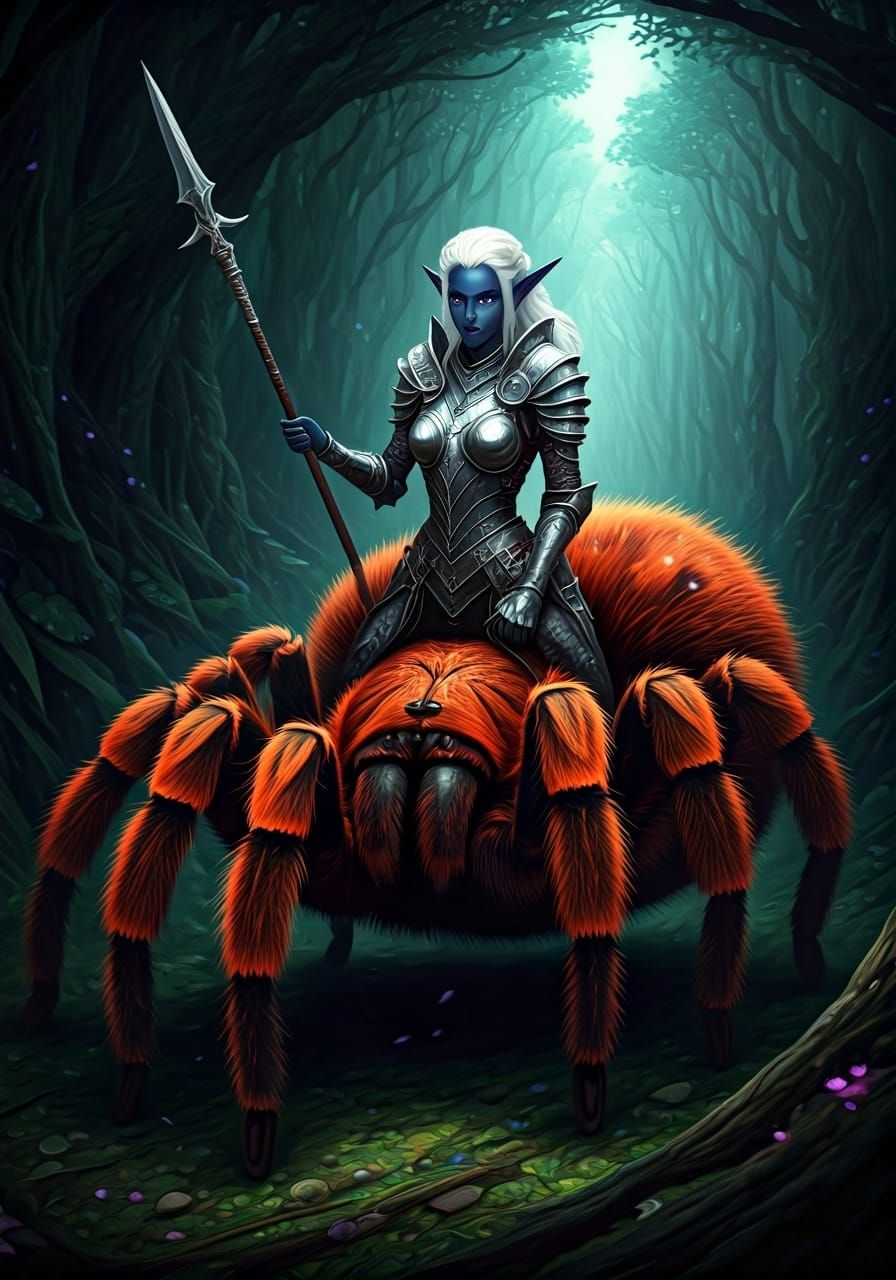 Dark Elf Raider Rides Giant Tarantula in Ethereal Forest