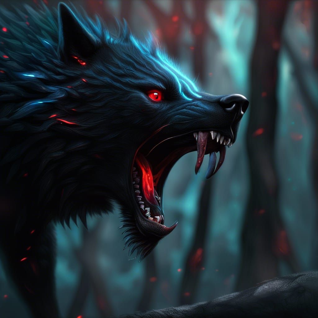 Growling Black Wolf with Cyan Fur, Detailed Matte Painting