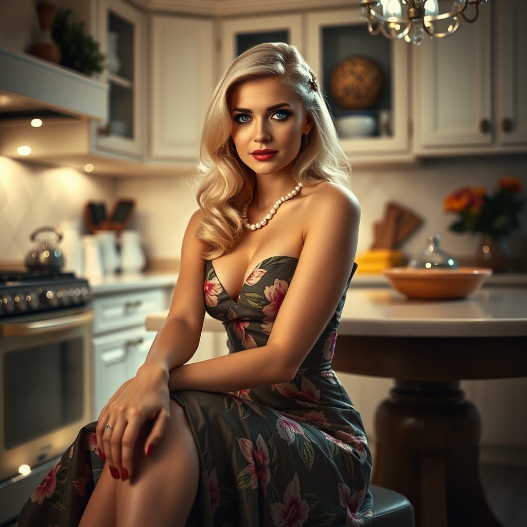 Elegant Pin-Up Girl in Luxurious Kitchen, Cinematic Style