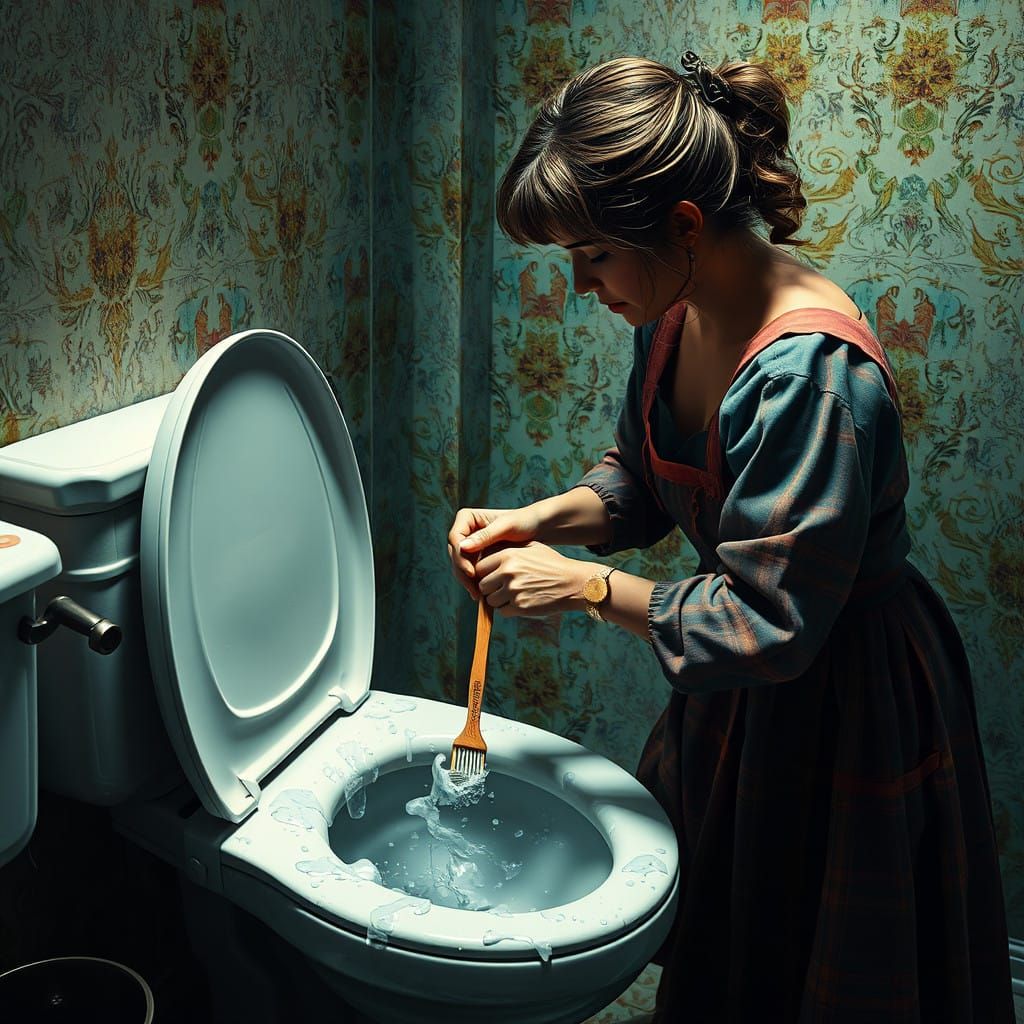Suburban Homemaker Scrubs Toilet with Vintage Bristle