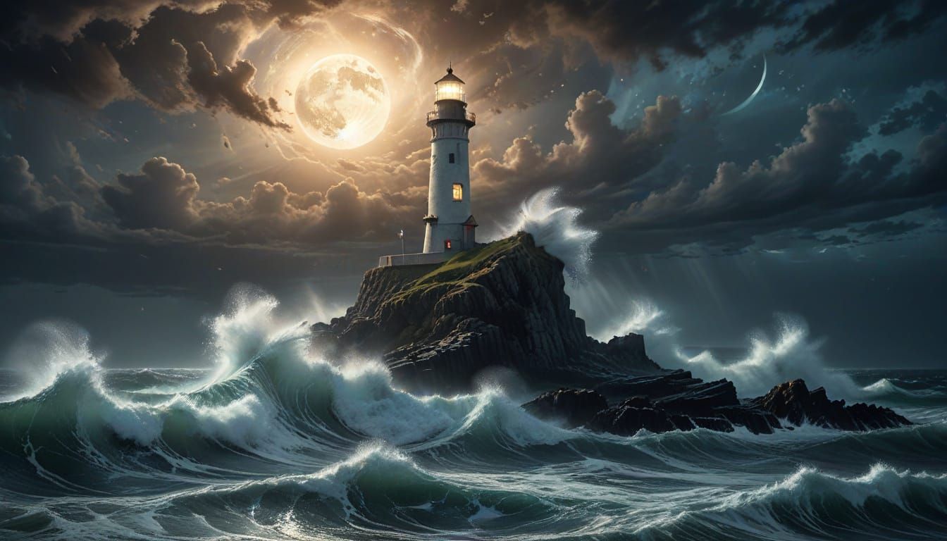 Moonlit Lighthouse in Ethereal Sea