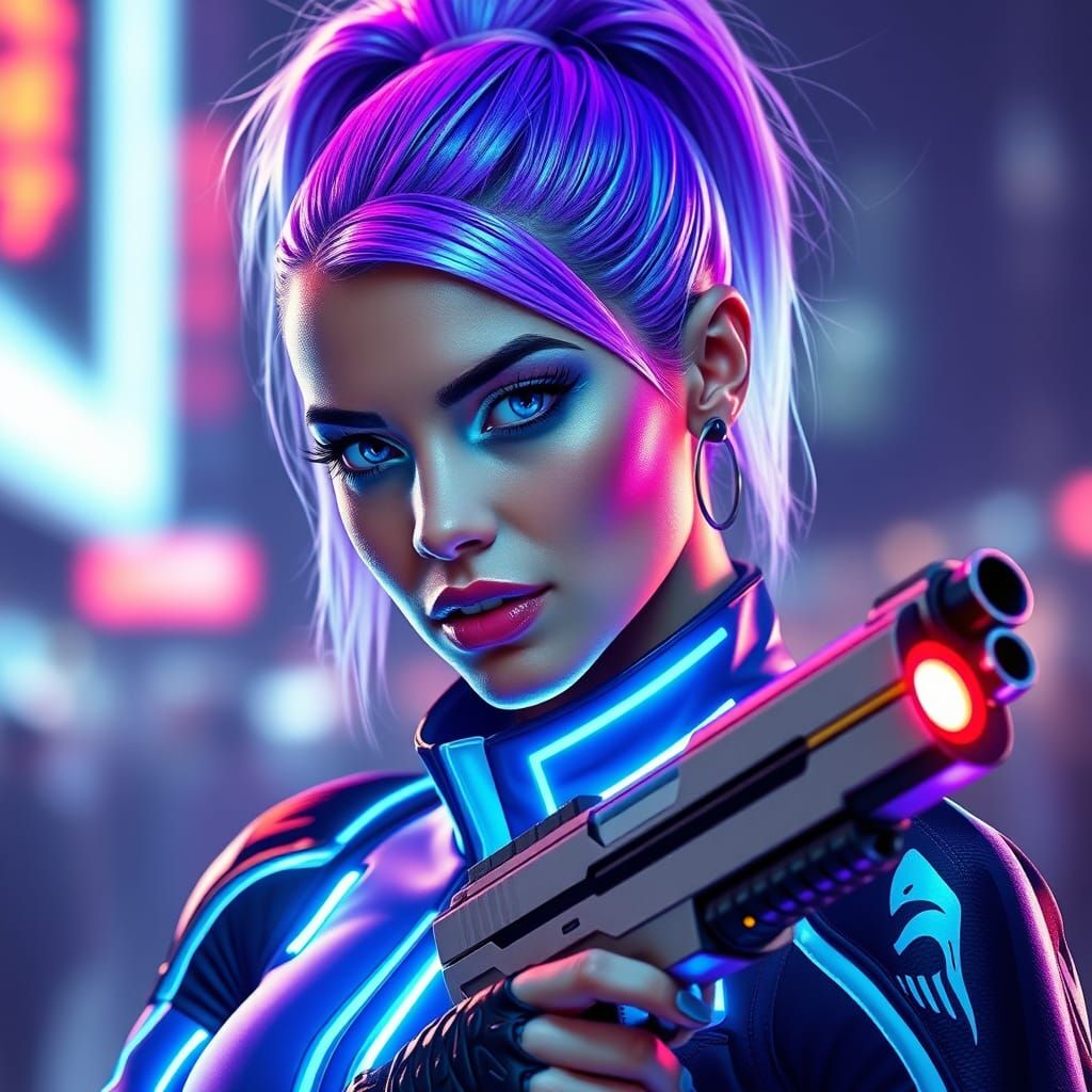 Sleek Futuristic Woman Dominates Cyberpunk Landscape