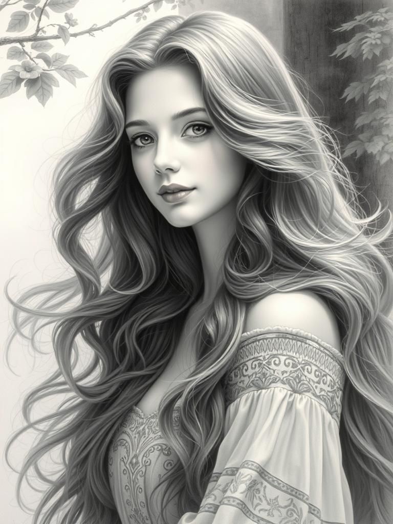 Detailed Charcoal Drawing of Girl with Flowing Hair