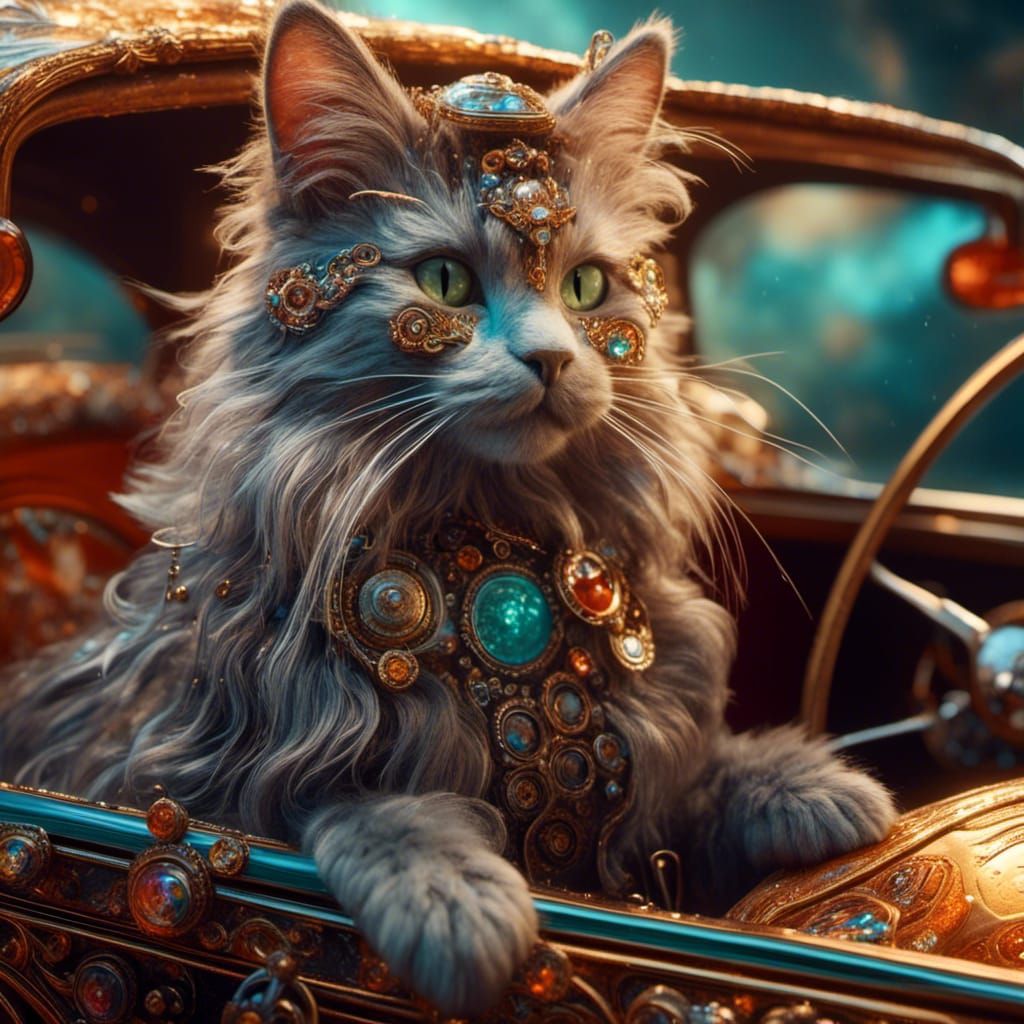 Steampunk Cat Drives a Model T: Hyperrealistic Art