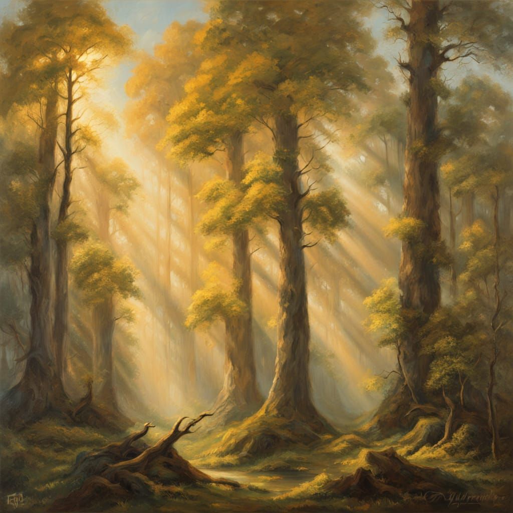 Ancient Forest Oil Painting with Golden Light