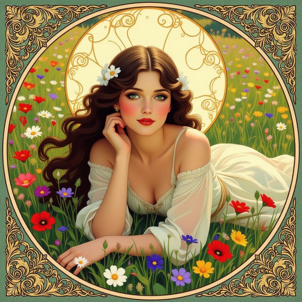 Dreamy Meadow Scene in Art Nouveau Style