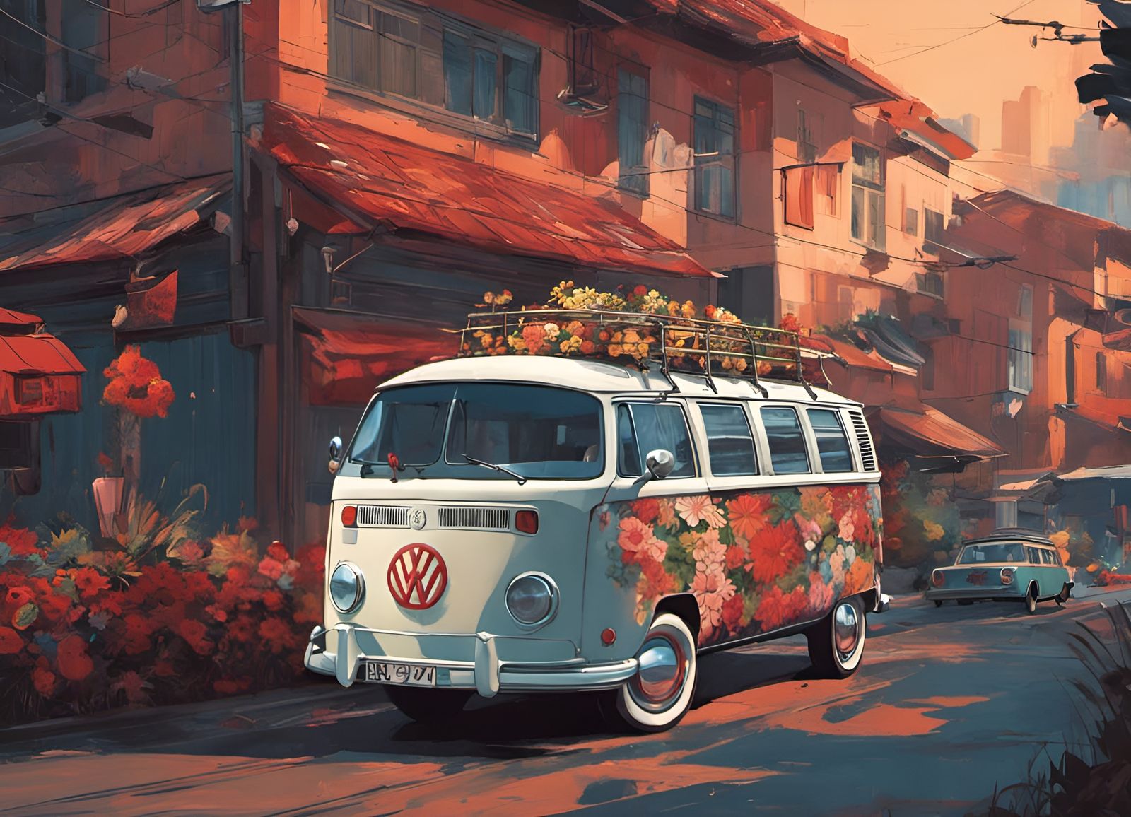 Floral VW Samba Bus in Detailed Illustration Style