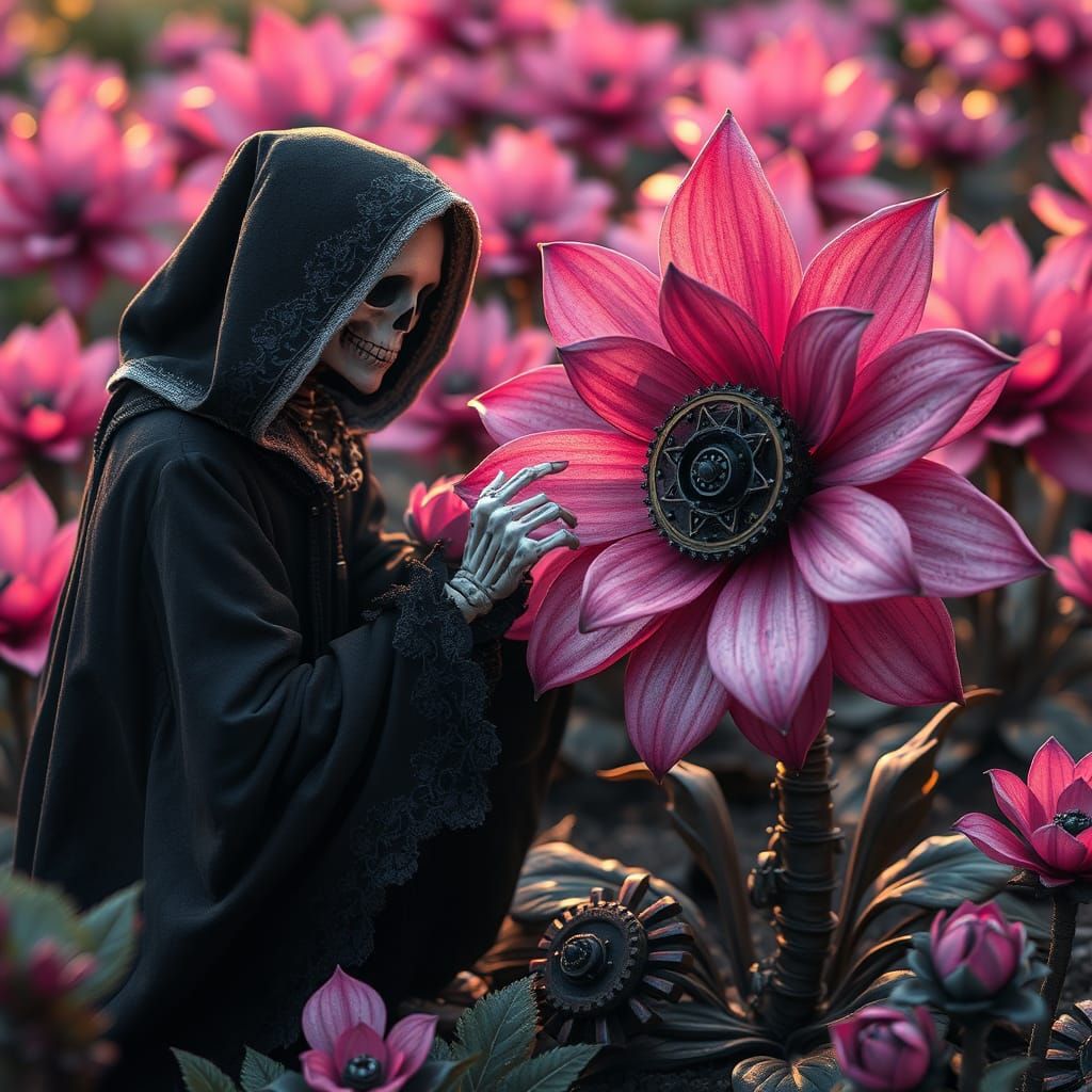 Gnome and Mechanical Flower in Steampunk Garden