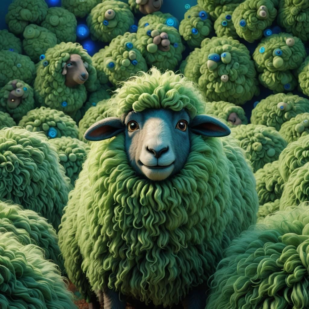 Tired Green Wooly Sheep in Pixar 3D Style