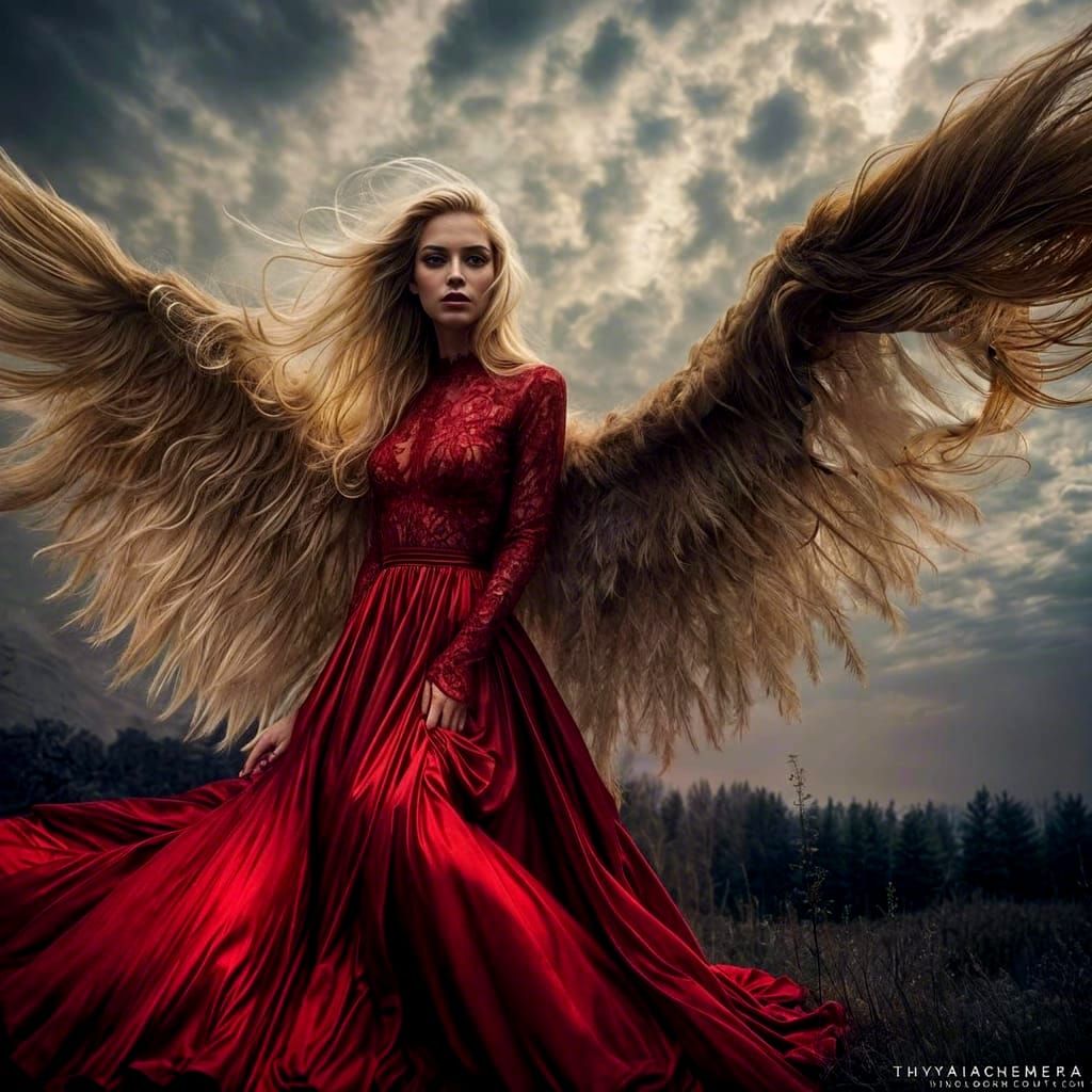Surreal Blond Angel in Red Gown