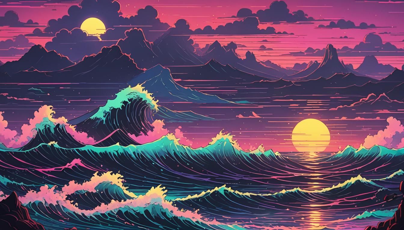 Ghibli Cartoon Macro Sea Bamboo in Synthwave Style
