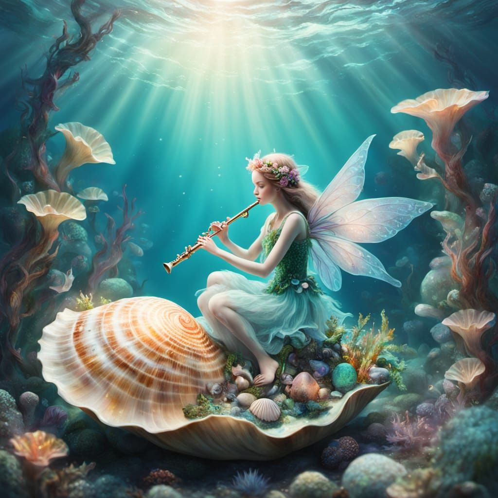 Surreal Oceanic Fairy Playing Flute in Dreamlike Scene
