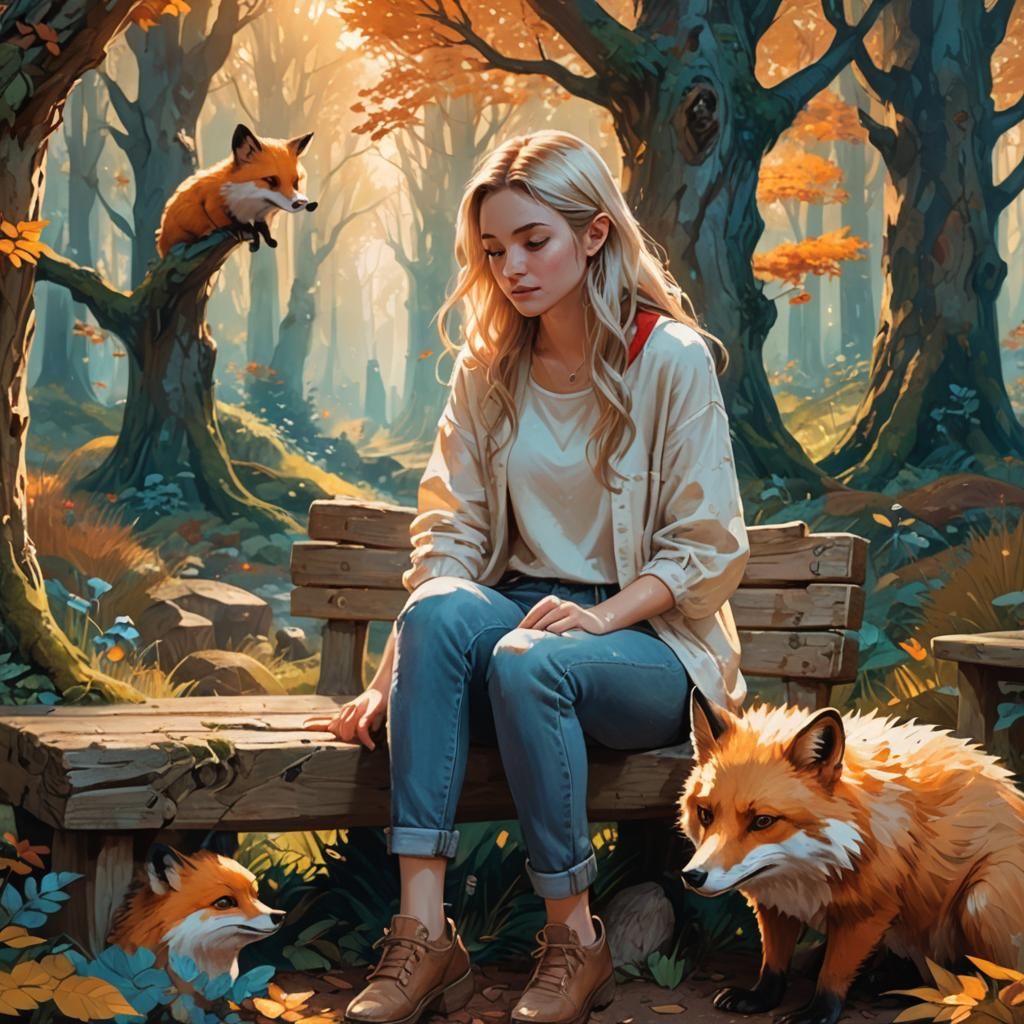 Magical Forest Girl with Fox and Wolf