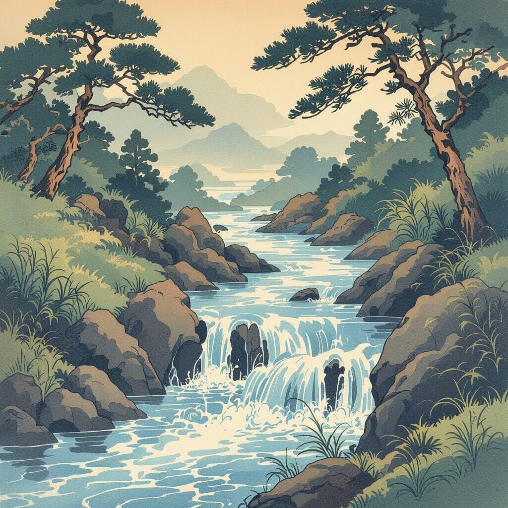 Living Water Stream in Traditional Japanese Woodblock Style