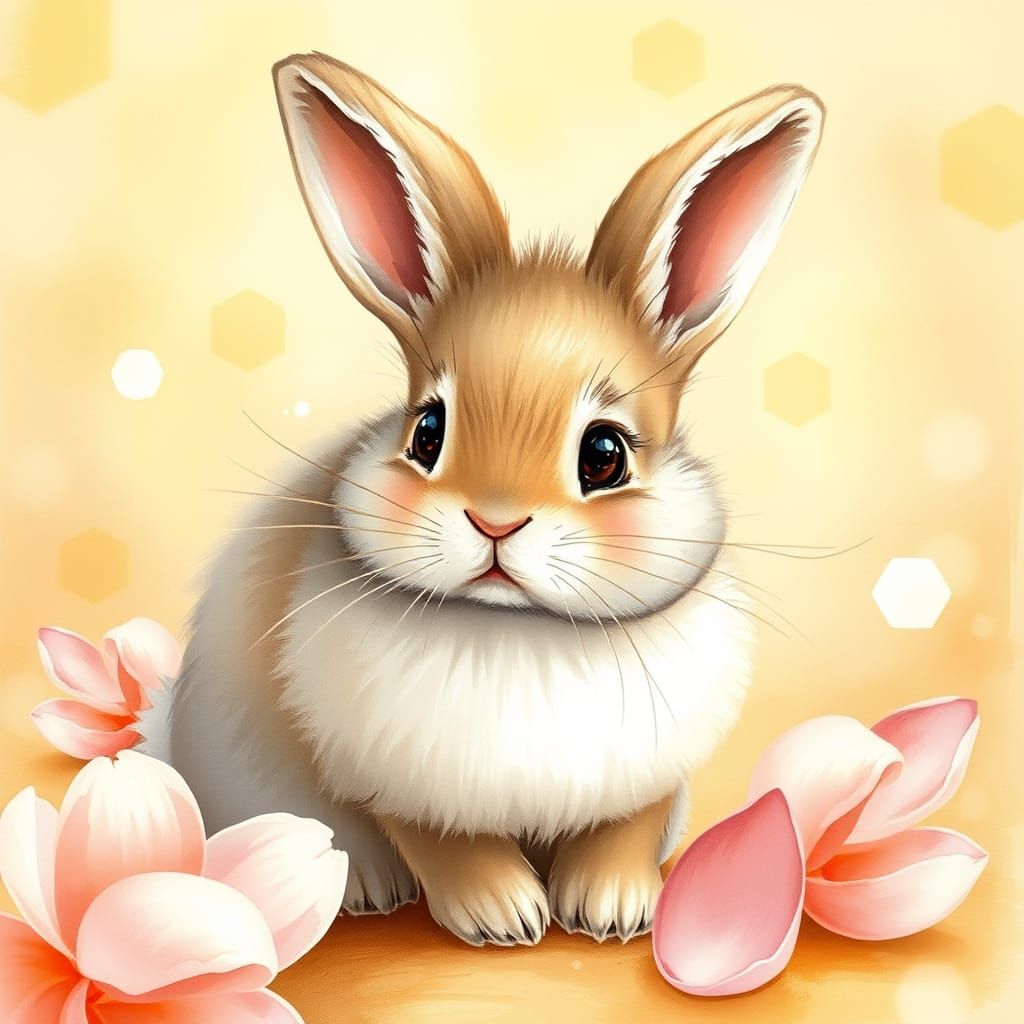 Whimsical Golden Woodland Scene with Fluffy Rabbit